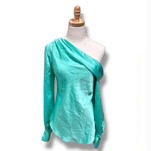NWT Jonathan Simkhai Alice Satin One Shoulder Blouse Top Kiwi Green Size Small